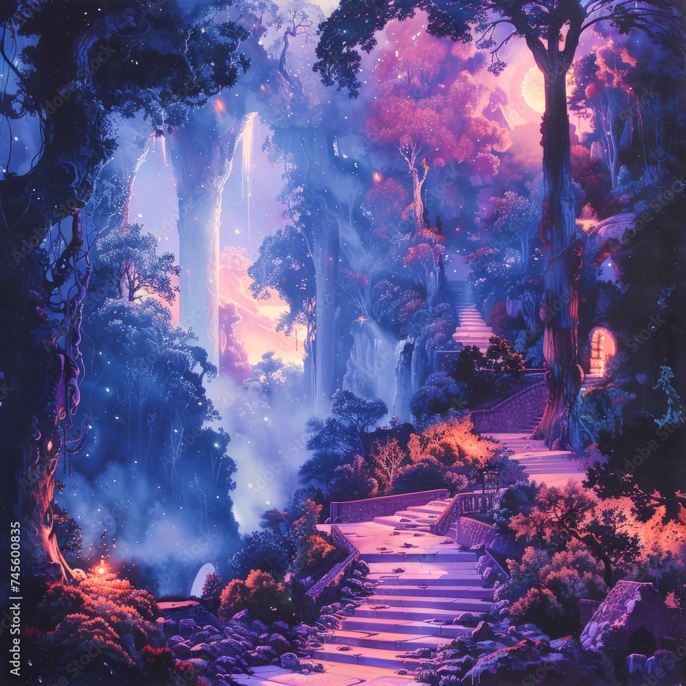 Obraz premium A luminescent whispering forest scene where ethereal landscapes meet surreal architecture under the light of a celestial event using complementary colors to enhance the visual experience