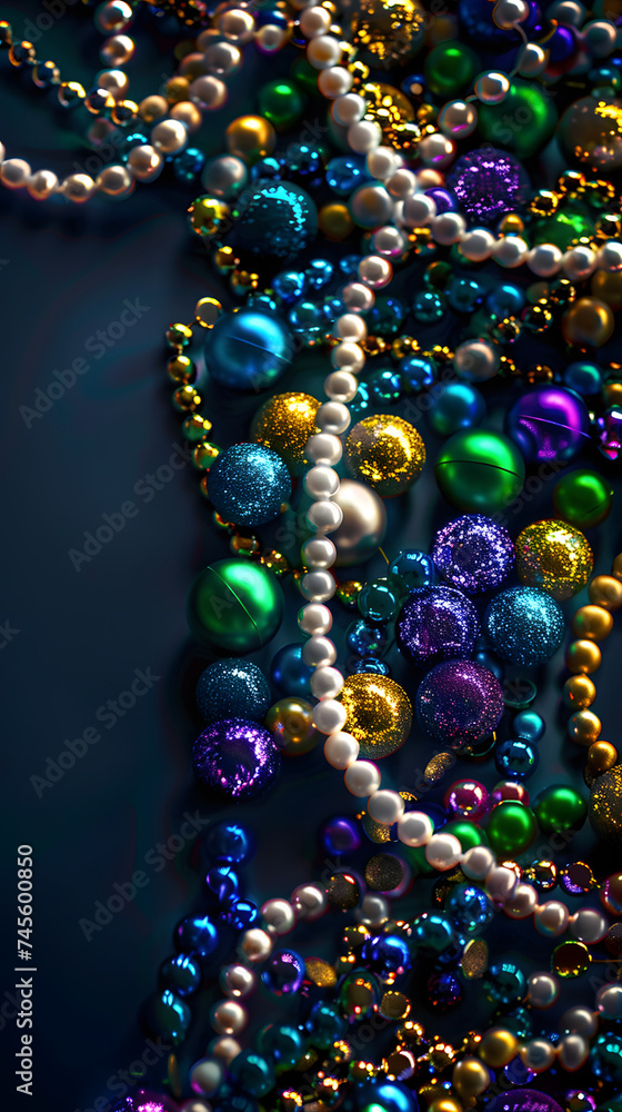 Beads on a dark background, suitable for design with copy space, Mardi Gras celebration. Beads on a dark background, suitable for design with copy space, Mardi Gras celebration.