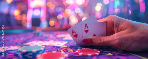 A close-up view of a poker player's hand revealing a pair of aces, with casino chips on the table and colorful bokeh lights in the background photo