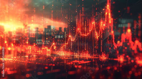 An abstract representation of financial data with a glowing stock market graph overlaying a cityscape, symbolizing economic activity