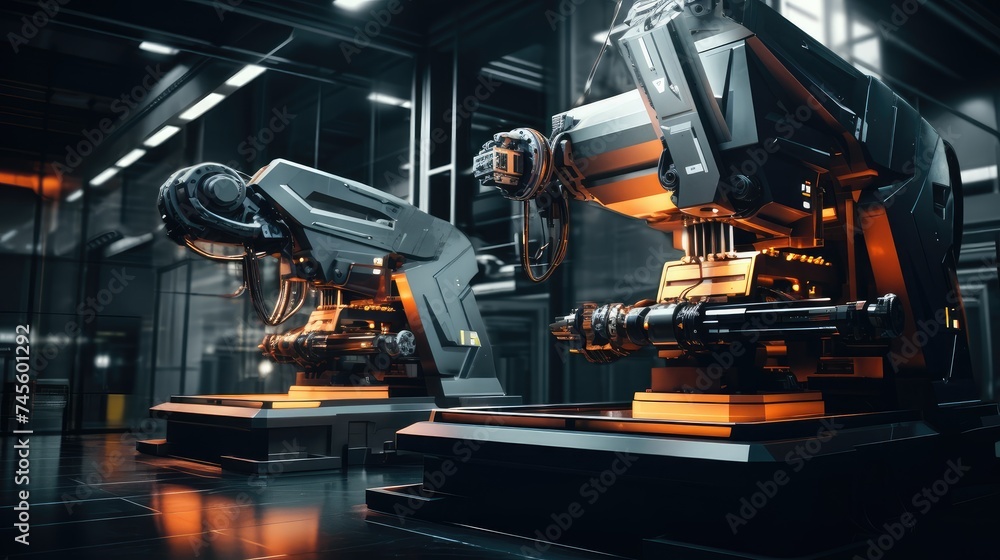 Robotic Arms on Assembly Line in Modern Factory Robotic Arms on Assembly Line in Modern Factory