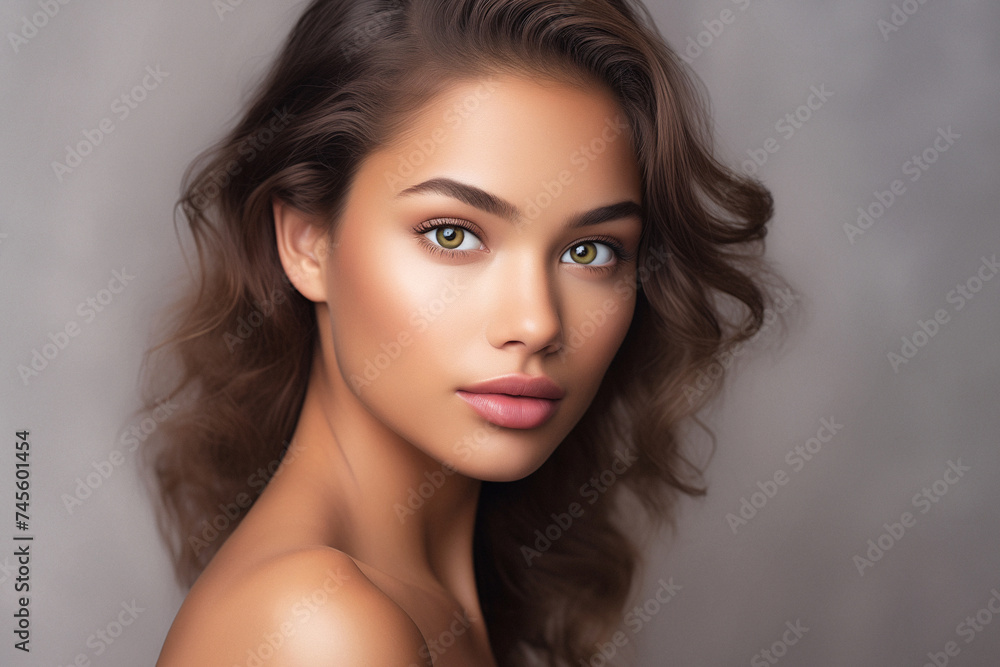 Fototapeta premium Stunning beauty portrait of a woman with voluminous hair, perfect skin and a magnificent gaze