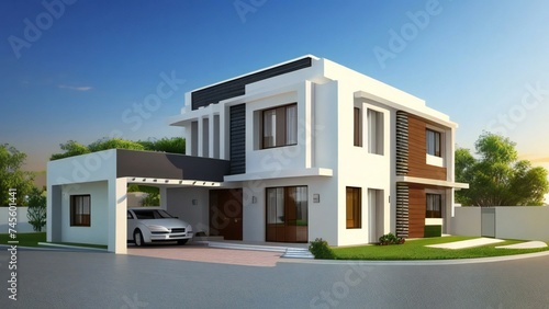 Stylish and compact 3D rendering of a contemporary home design. Concept for real estate or property. © home 3d