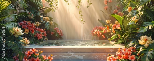 A refreshing oasis scene for a summer 3D podium where the golden hour and vibrant flowers photo
