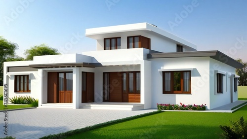Stylish and compact 3D rendering of a contemporary home design. Concept for real estate or property. © home 3d
