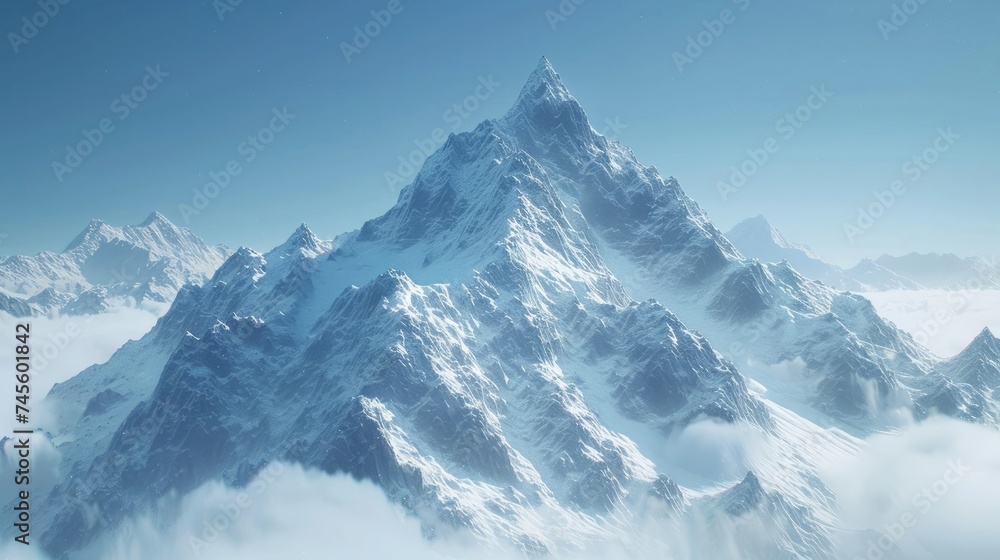 A solitary mountain peak, covered in pristine snow under the clear winter sky, embodies the majestic beauty and solitude of the high-altitude wilderness - obrazy, fototapety, plakaty 