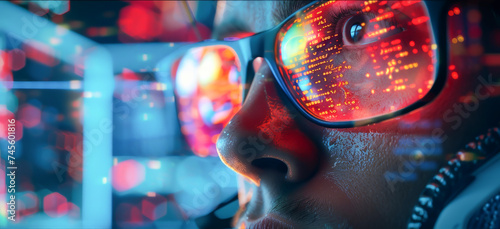 A software engineer deeply engrossed in coding, with lines of code reflected on their glasses and multiple monitors displaying various aspects of software development photo