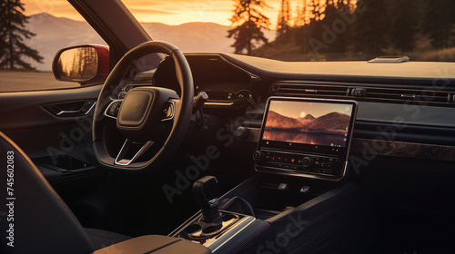 Luxury Car Interior View at Sunset Drive © evening_tao