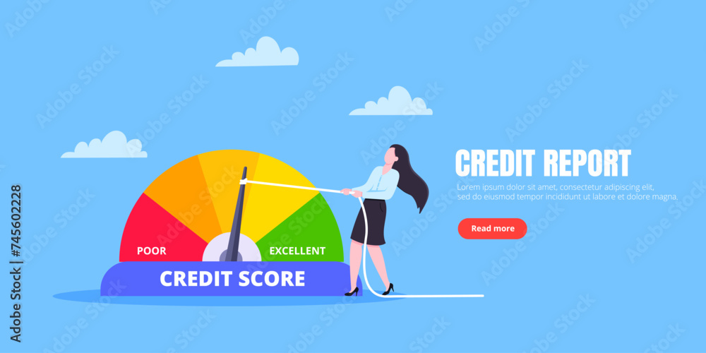 Woman pushes credit score arrow gauge speedometer indicator with color levels. Measurement from poor to excellent rating for credit or mortgage loans concept flat style design vector illustration. Woman pushes credit score arrow gauge speedometer indicator with color levels. Measurement from poor to excellent rating for credit or mortgage loans concept flat style design vector illustration.