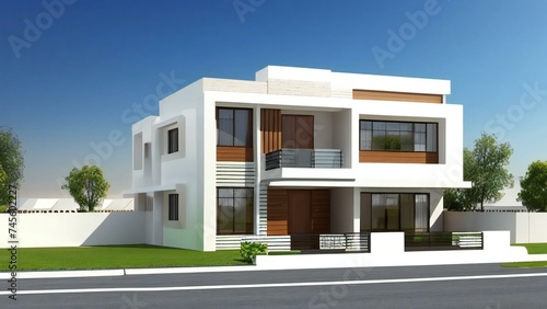 Stylish and compact 3D rendering of a contemporary home design. Concept for real estate or property.