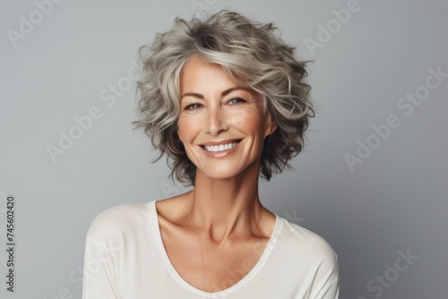 Portrait of beautiful middle aged woman with grey hair and smiling at camera