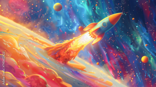 Fototapeta Naklejka Na Ścianę i Meble -  A whimsical cartoon rocket ship soaring through a colorful galaxy