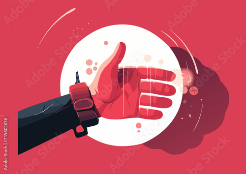 Vector illustration of a hand holding a walkie talkie on red background