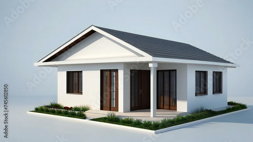 3D model of a white house against a gray backdrop. Concept for real estate or property. © home 3d