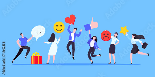 Employee feedback work satisfaction survey business concept flat vector illustration. Employee or customer feedback rating opinion with people and social icons - thumb, smile emoji, stars and heart.