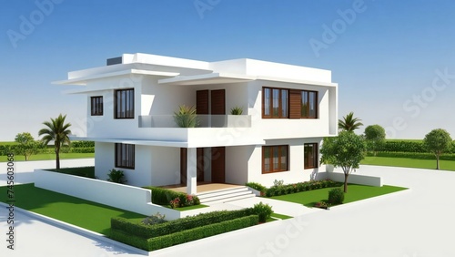 3D model of a white house against a gray backdrop. Concept for real estate or property. © samsul