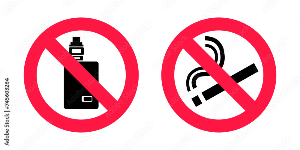 No smoking no vaping signs set. Forbidden sign icon isolated on white background vector illustration. Cigarette, vape and smoke and in prohibition circle. No smoking no vaping signs set. Forbidden sign icon isolated on white background vector illustration. Cigarette, vape and smoke and in prohibition circle.