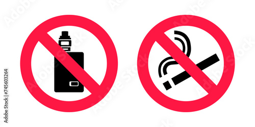No smoking no vaping signs set. Forbidden sign icon isolated on white background vector illustration. Cigarette, vape and smoke and in prohibition circle.
