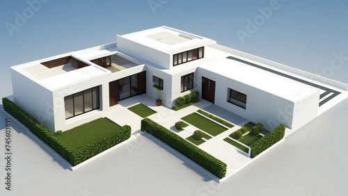 3D model of a white house against a gray backdrop. Concept for real estate or property. © Samsul Alam