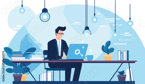 Businessman working on laptop in office Vector illustration in flat style