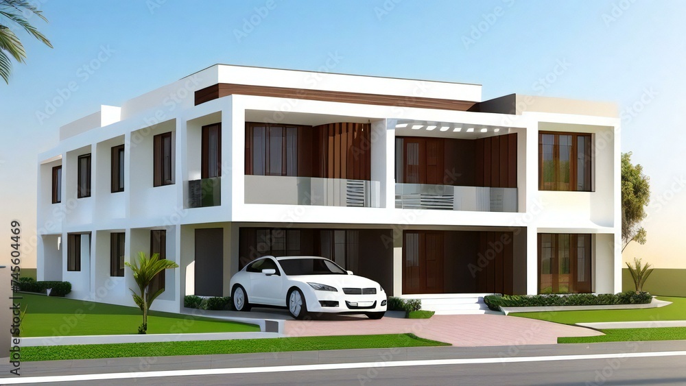 Modern luxury home, 3d house model rendering on white background, Clean and precise 3D illustration modern cozy house. Concept for real estate or property.