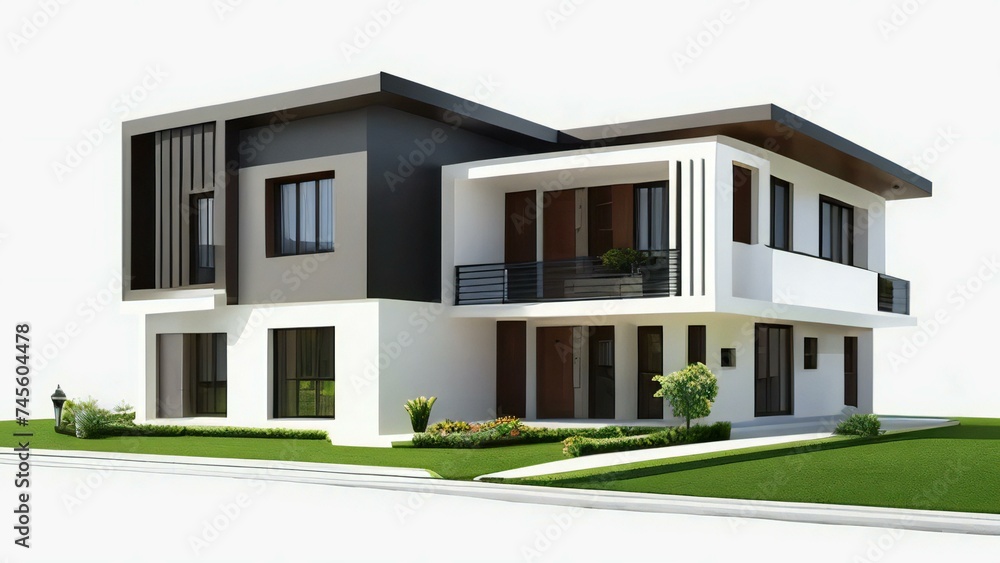 modern house on the grass, 3D model of a white house against a gray backdrop. Concept for real estate or property. modern house on the grass, 3D model of a white house against a gray backdrop. Concept for real estate or property.