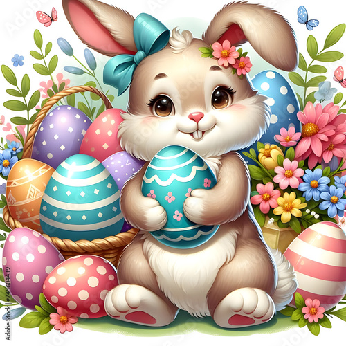 A cute baby bunny playing with eggs, flowers, and a basket