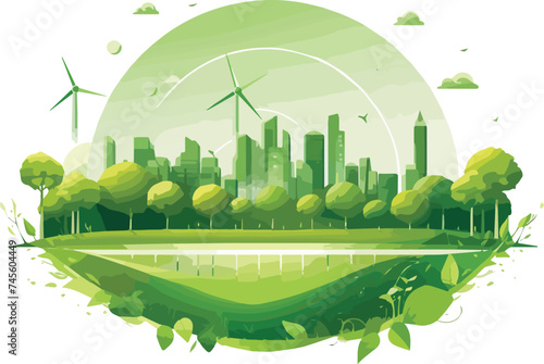 Ecology city background with wind turbines and trees Vector illustration