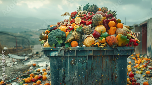An overflowing garbage bin filled with waste food highlighting the environmental impact of expired products photo