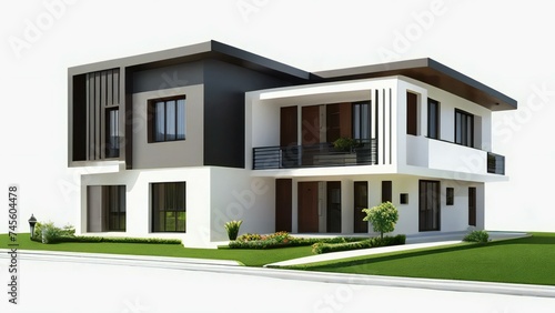 modern house on the grass, 3D model of a white house against a gray backdrop. Concept for real estate or property.