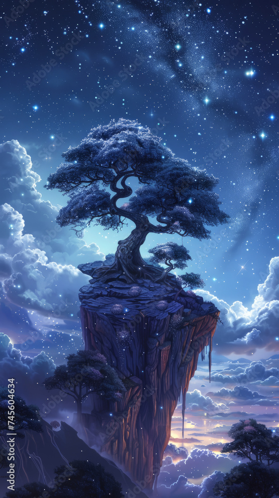Enchanting digital artwork of a mystical tree atop a floating island, surrounded by a sparkling starry night sky and soft clouds.