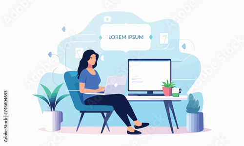 Woman working on laptop at home Remote work concept Vector illustration in flat style