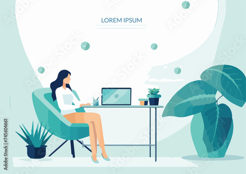 Freelance work concept Freelance woman working at home Vector illustration