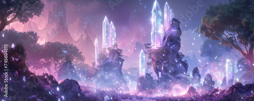 A breathtaking panoramic digital art piece showcasing a mystical forest with glowing crystals and a twilight sky backdrop