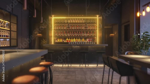 side view of stylish bar with tables. modern cafe or bar interior in dark concept.  seamless looping overlay 4k virtual video animation background photo