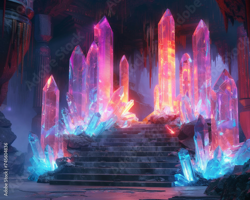 Stunning digital artwork of a vibrant, illuminated crystal staircase set within an ancient, mystical cave environment © BussarinK