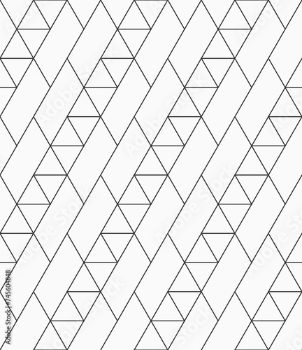 Vector seamless pattern. Mosaics motif. Polygonal trellis on the base of triangular grid. Triangles, geometric shapes outline pattern. Abstract seamless black and white vector background.