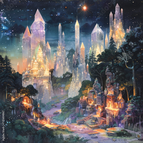 Enchanted Crystal Castle in a Starlit Fantasy Forest