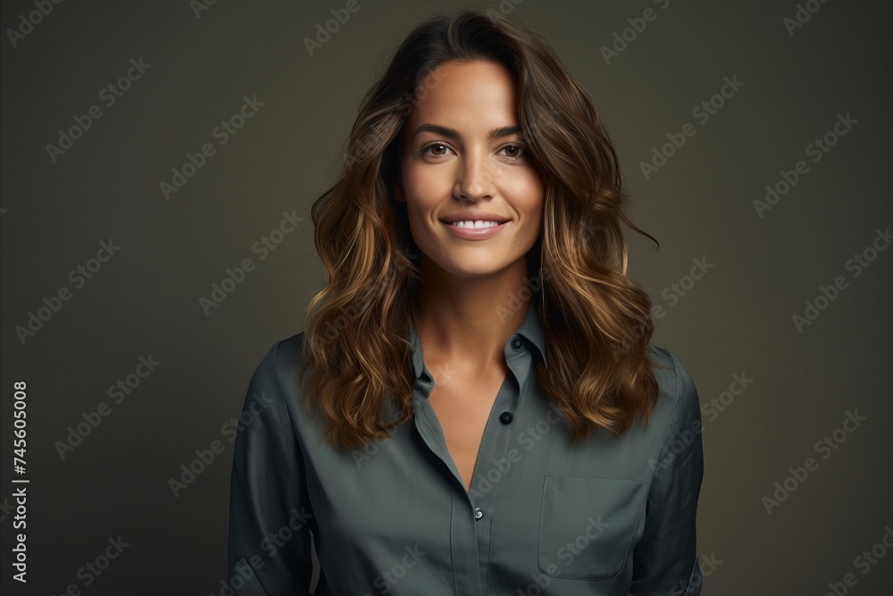 Portrait of smiling business woman with long curly hair. Isolated on dark background.