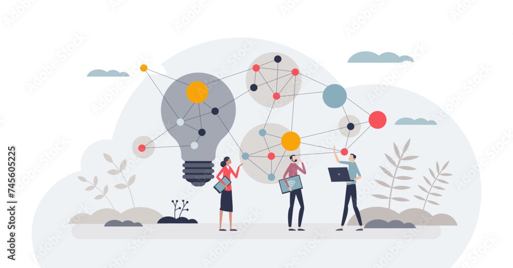 Virtual brainstorming and digital business teamwork tiny person concept, transparent background. Online meeting and thinking creative ideas for company illustration. Use internet technology. - obrazy, fototapety, plakaty 