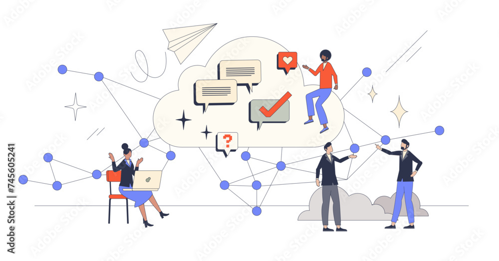 Virtual brainstorming and distant communication retro tiny person concept, transparent background.Upload information for easy remote access for company employee illustration. Virtual brainstorming and distant communication retro tiny person concept, transparent background.Upload information for easy remote access for company employee illustration.