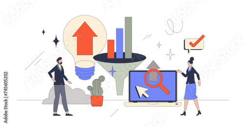 SEO optimization and data funnel results analysis retro tiny person concept, transparent background. Search engine performance improvement with precise and targeted audience planning illustration.