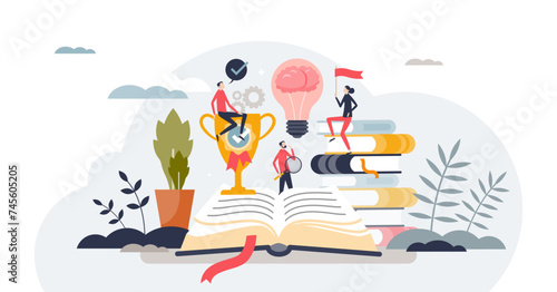 Personal growth and learning for intelligence development tiny person concept, transparent background. Self improvement with education and book reading illustration.
