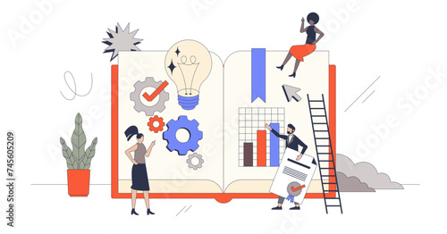 Professional development for effective business growth retro tiny person concept, transparent background. Successful leadership with clear vision, objectives and targets achievement illustration.