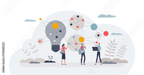 Virtual brainstorming and digital business teamwork tiny person concept, transparent background. Online meeting and thinking creative ideas for company illustration. Use internet technology.