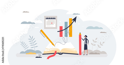 Bullet journaling method for daily tasks organization tiny person concept, transparent background. Write journal with work activities and agenda for productivity and efficiency illustration. photo