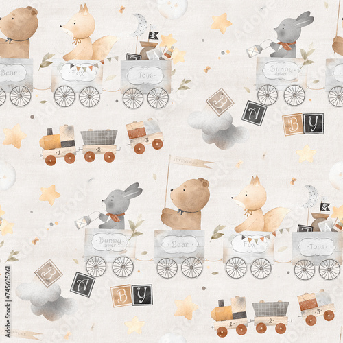 Watercolor seamless pattern. Animals plays with a wooden train. Vintage colors. Watercolor illustration.