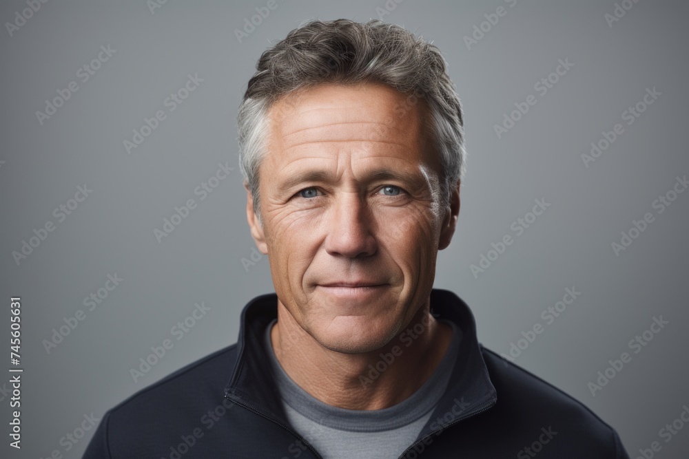 Handsome middle-aged man with grey hair on grey background Handsome middle-aged man with grey hair on grey background