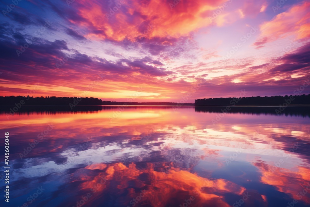 Naklejka premium Tranquil lake, ablaze in orange and purple sunset hues.