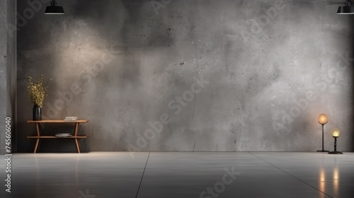 Studio room with a concrete spotlight wall against a dark gray cement stone background